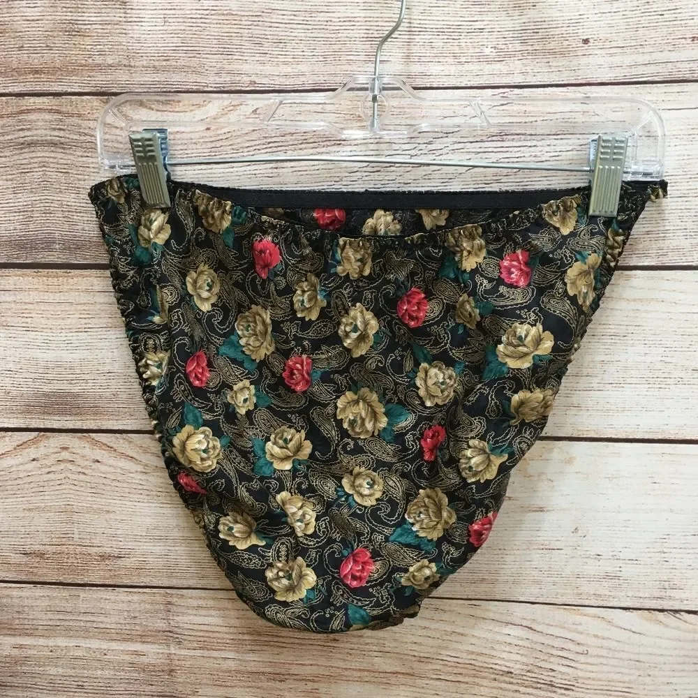 VINTAGE SILKSCREEN 100% SILK CHEMISE WITH PANTIES IN BLACK FLORAL‎ - Picture 11 of 11